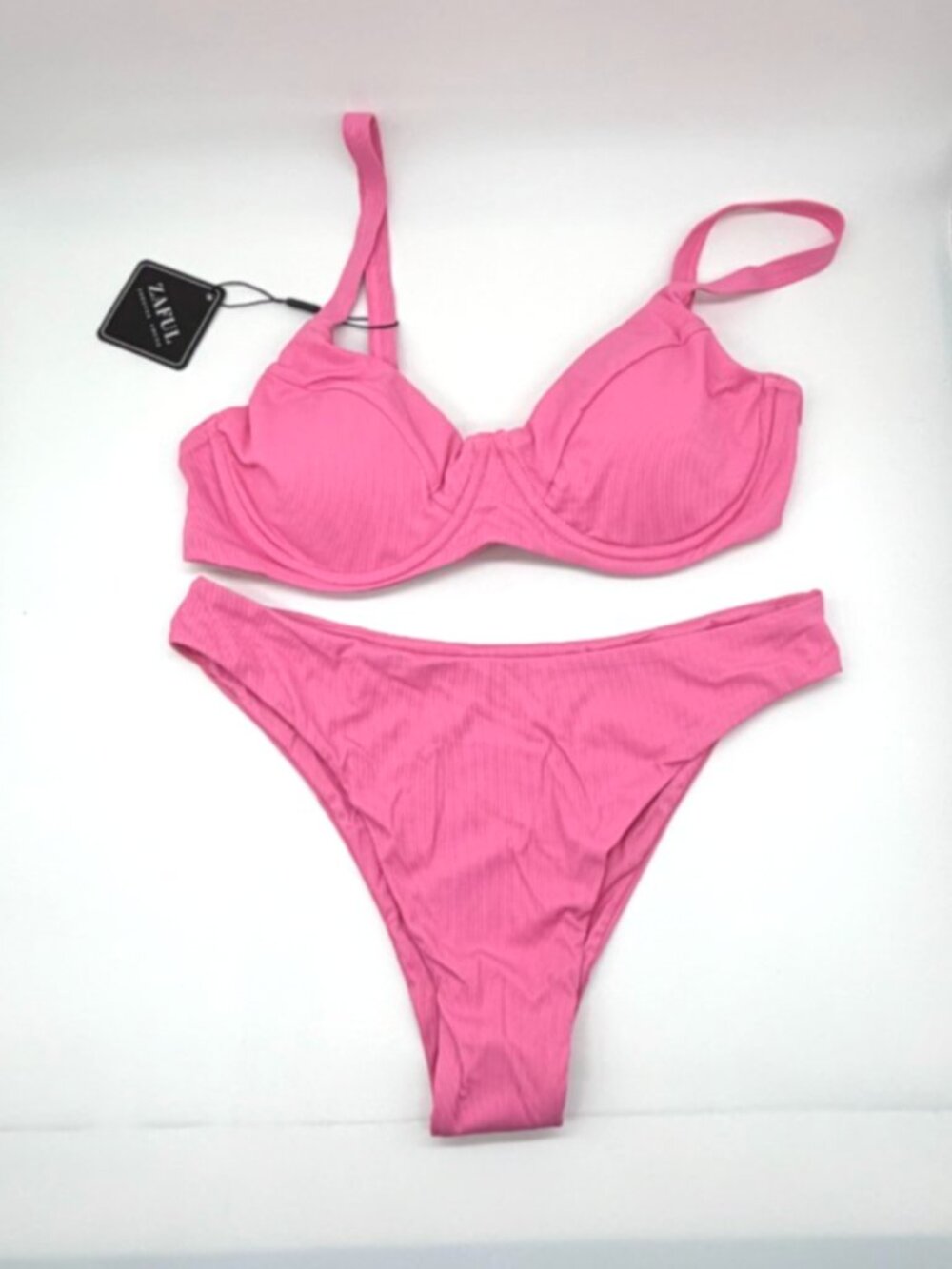 Zaful Pink Ribbed Bikini Set Medium Underwire Top High Cut Bottom NWT